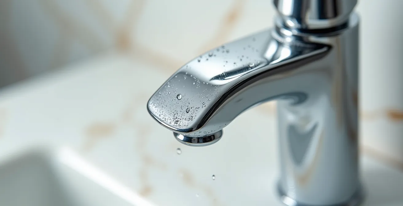 Détail macro d'une robinetterie haut de gamme avec finitions chrome