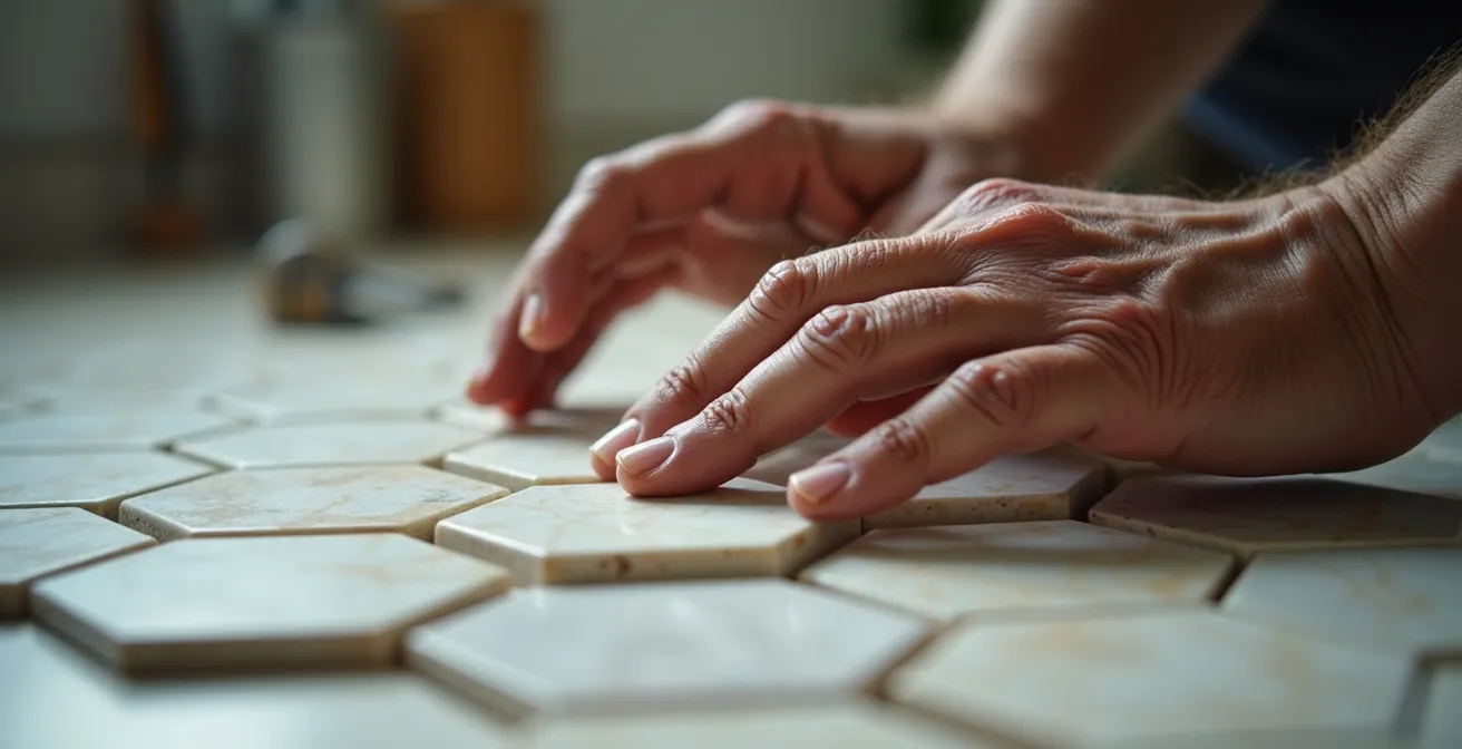 Mains d'artisan posant du carrelage avec précision dans une salle de bain